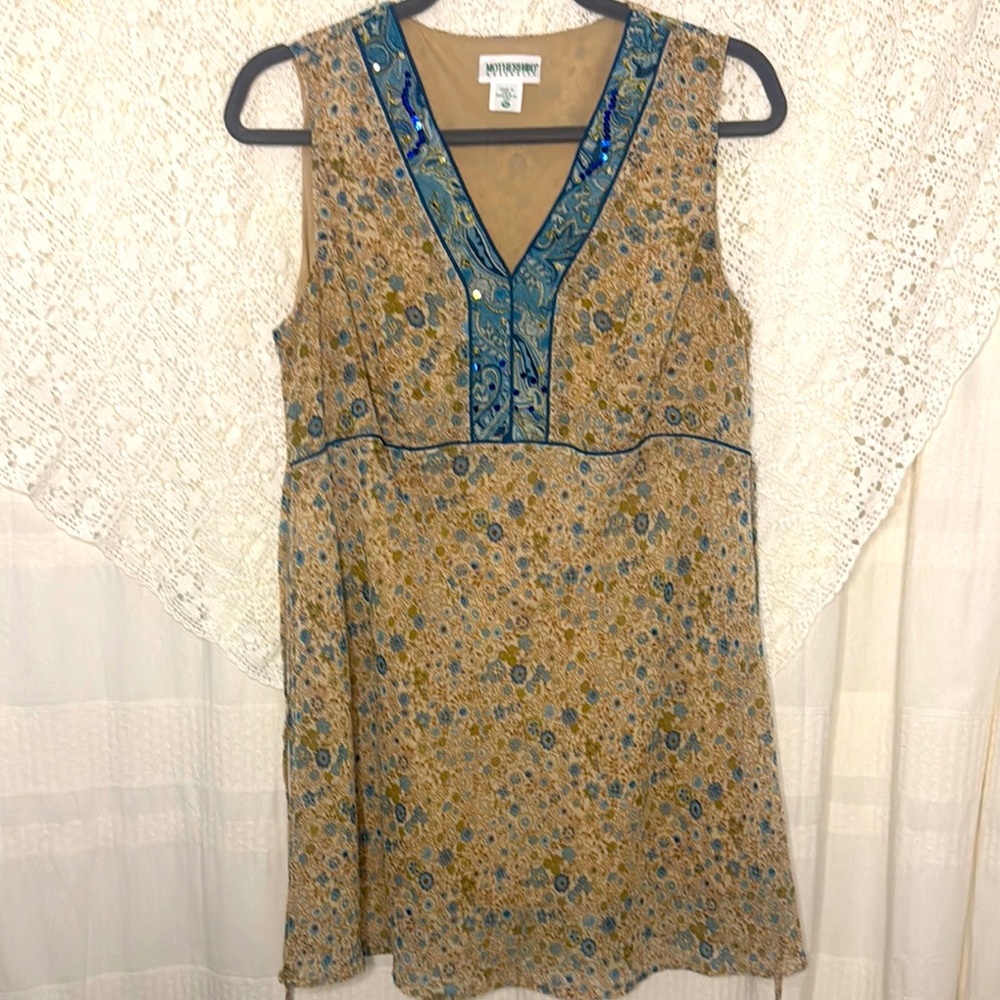 Motherhood Maternity Blue and Tan Sleeveless V-Neck Boho Top